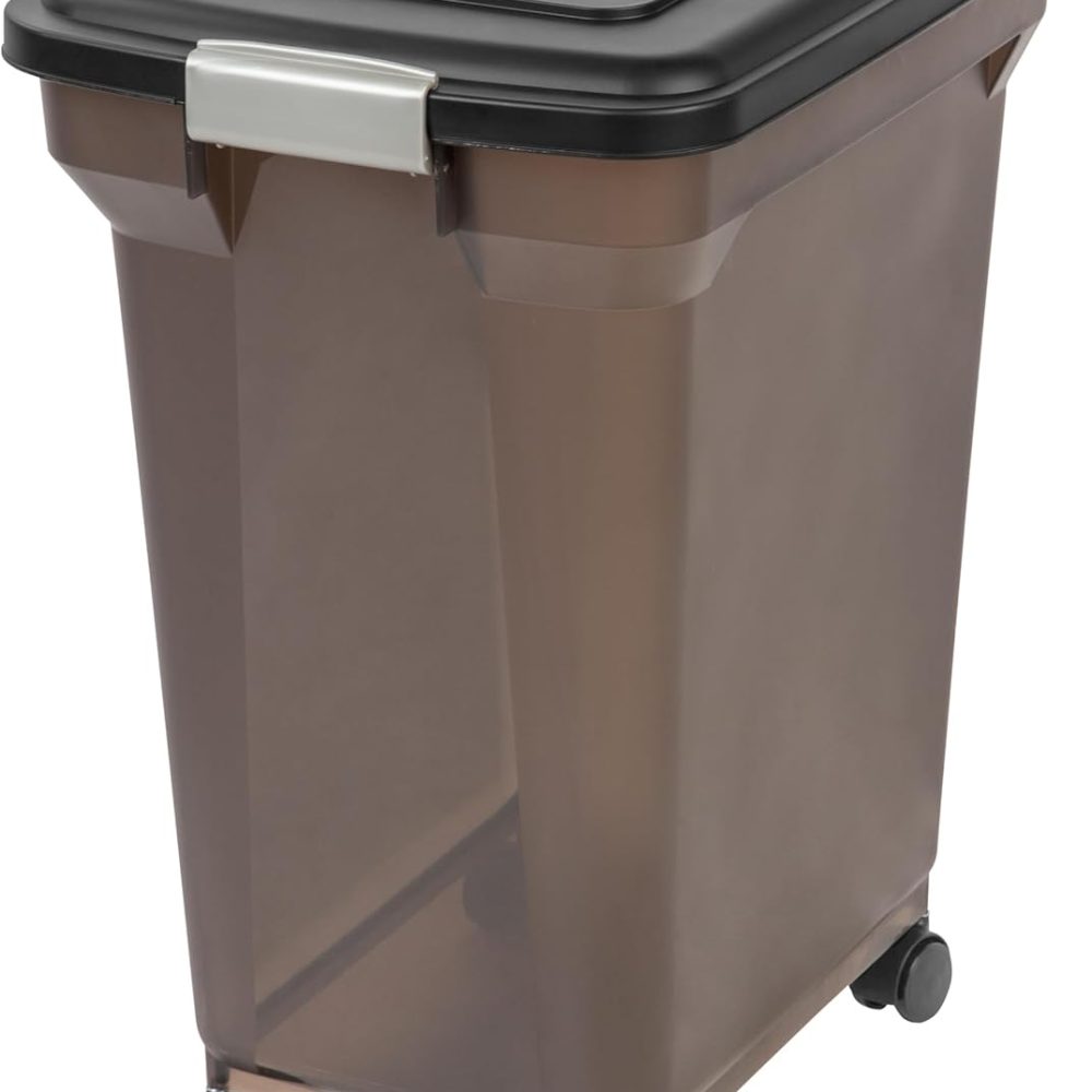 IRIS USA Airtight Dog Food Storage Container, WeatherPro, Up to 40 lbs, Removable Wheels, for Dog Cat Bird and Other Pet Food Storage Bin, Keep Fresh, Translucent Body, Made in USA, Smoke/Black
